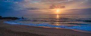 Preview wallpaper sunset, sea, beach, waves, dusk, evening