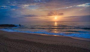Preview wallpaper sunset, sea, beach, waves, dusk, evening