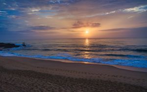 Preview wallpaper sunset, sea, beach, waves, dusk, evening