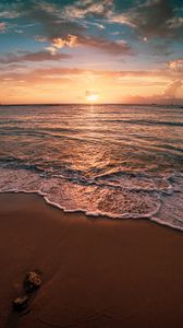 Preview wallpaper sunset, sea, beach, waves, water, dusk