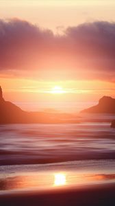 Preview wallpaper sunset, sea, cliffs, coast