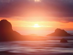 Preview wallpaper sunset, sea, cliffs, coast