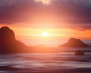 Preview wallpaper sunset, sea, cliffs, coast