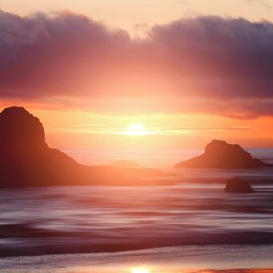 Preview wallpaper sunset, sea, cliffs, coast