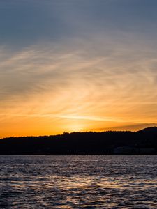 Preview wallpaper sunset, sea, glare, forest, trees