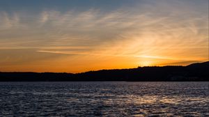Preview wallpaper sunset, sea, glare, forest, trees