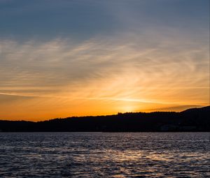 Preview wallpaper sunset, sea, glare, forest, trees