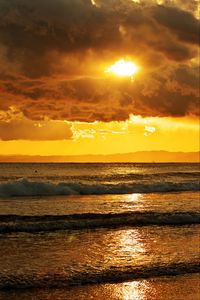 Preview wallpaper sunset, sea, horizon, clouds, glare