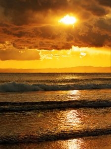 Preview wallpaper sunset, sea, horizon, clouds, glare