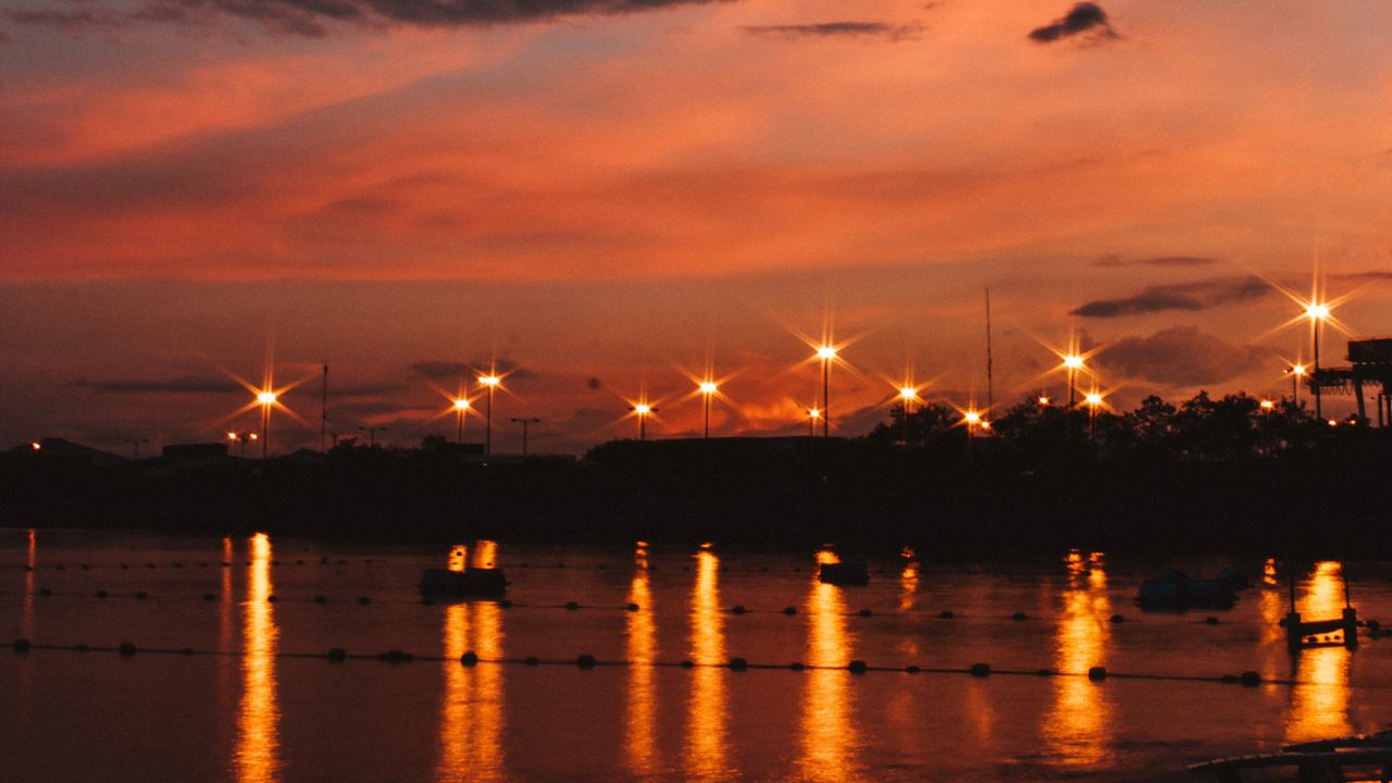 Wallpaper sunset, sea, lights, skyline, clouds, philippines
