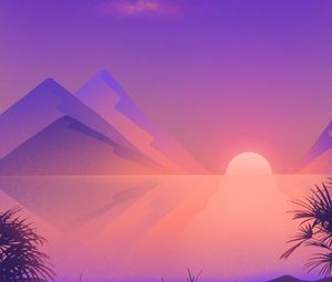 Preview wallpaper sunset, sea, mountains, landscape, art
