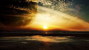 Preview wallpaper sunset, sea, rings, planet