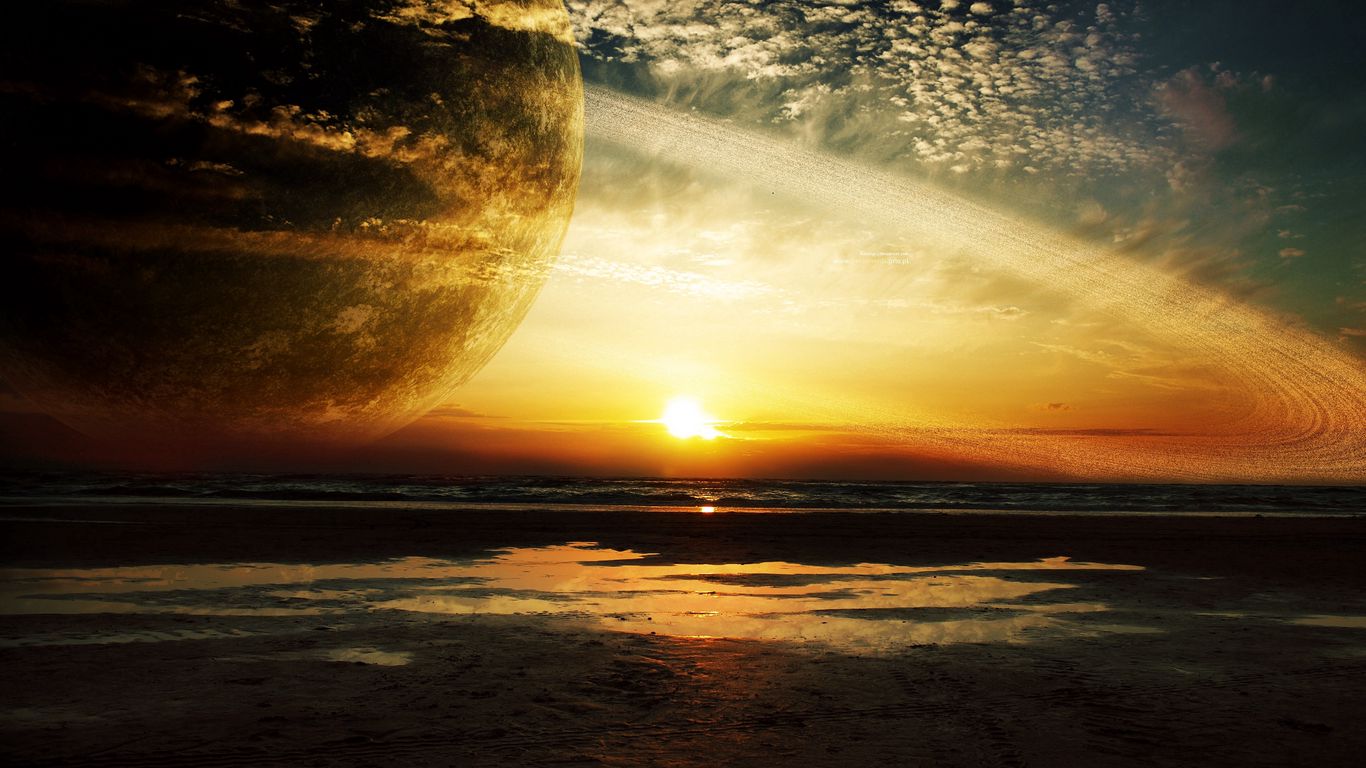 Download wallpaper 1366x768 sunset, sea, rings, planet tablet, laptop