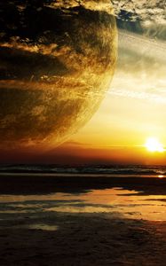 Preview wallpaper sunset, sea, rings, planet