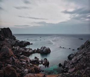 Preview wallpaper sunset, sea, rocks, sky