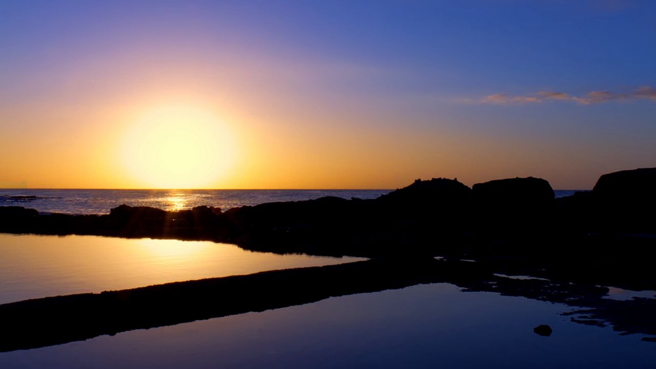 Wallpaper sunset, sea, rocks, outlines, silence, horizon