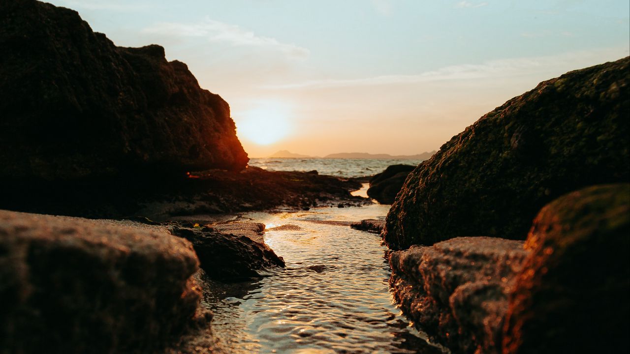 Wallpaper sunset, sea, rocks, water, nature
