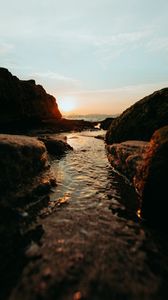 Preview wallpaper sunset, sea, rocks, water, nature