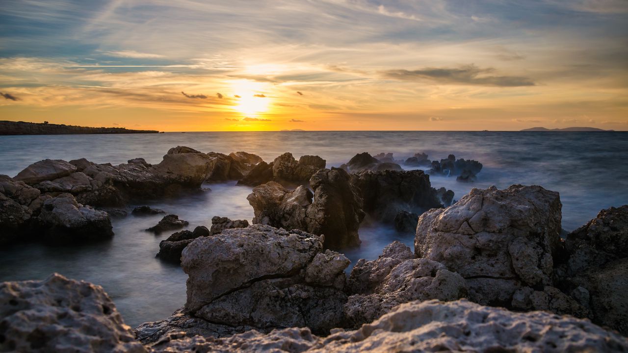 Wallpaper sunset, sea, rocks, water, landscape