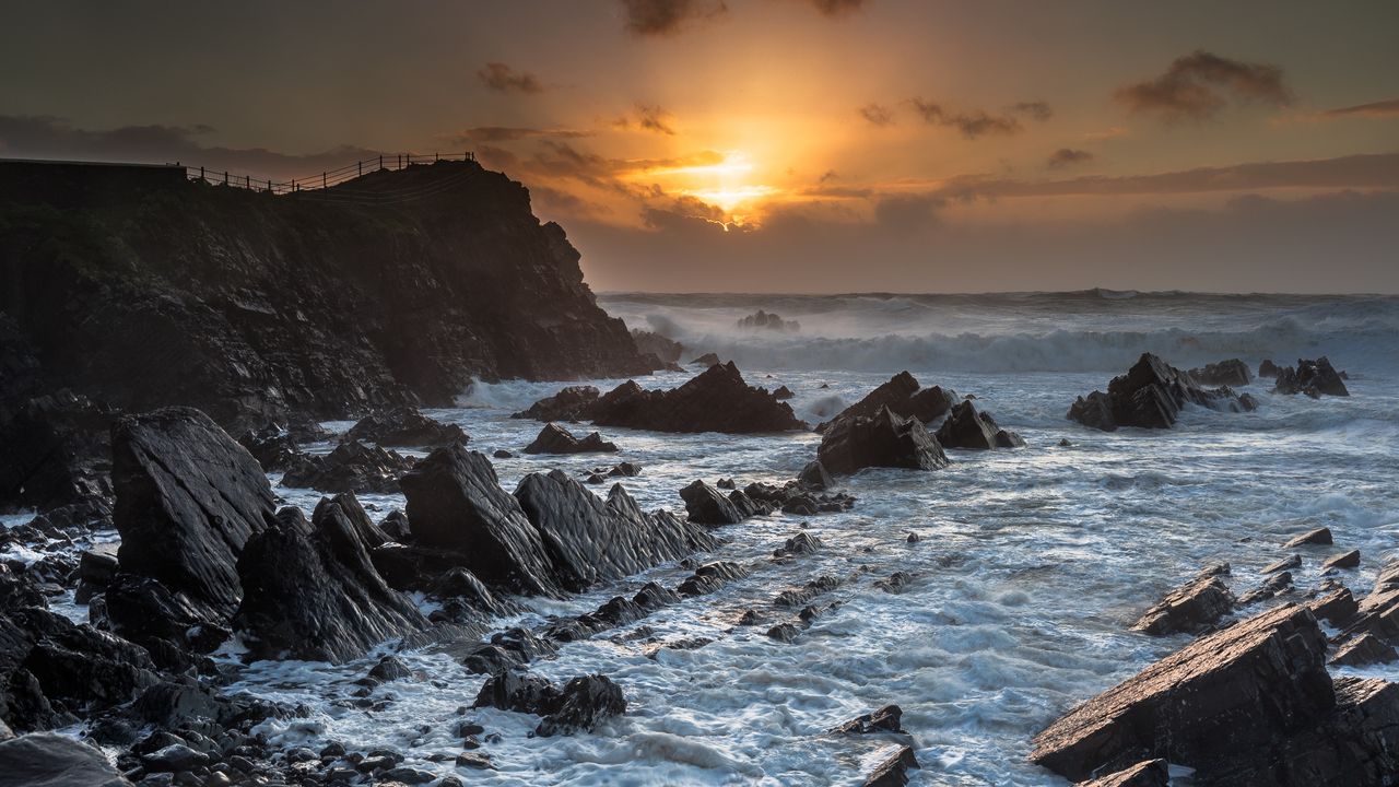 Wallpaper sunset, sea, rocks, waves, landscape