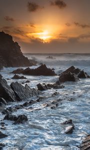 Preview wallpaper sunset, sea, rocks, waves, landscape