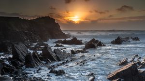 Preview wallpaper sunset, sea, rocks, waves, landscape