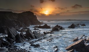 Preview wallpaper sunset, sea, rocks, waves, landscape