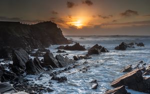 Preview wallpaper sunset, sea, rocks, waves, landscape