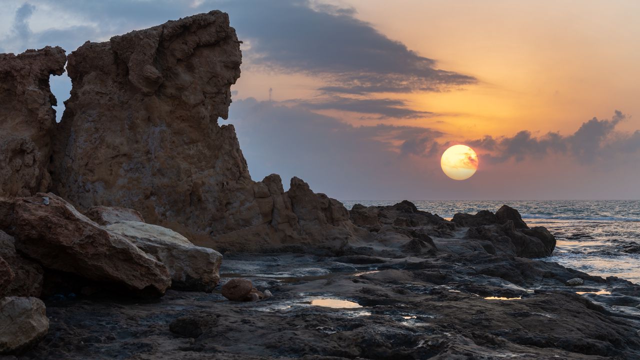 Wallpaper sunset, sea, rocks, sun, summer, landscape