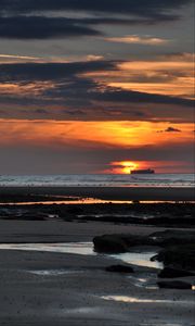 Preview wallpaper sunset, sea, ship, shore, dusk