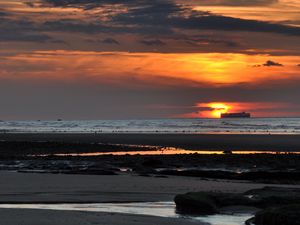 Preview wallpaper sunset, sea, ship, shore, dusk