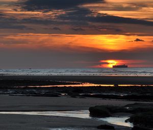 Preview wallpaper sunset, sea, ship, shore, dusk