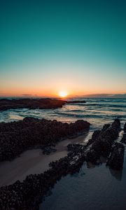 Preview wallpaper sunset, sea, shore, waves, beach