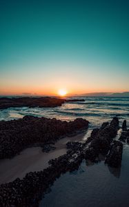 Preview wallpaper sunset, sea, shore, waves, beach