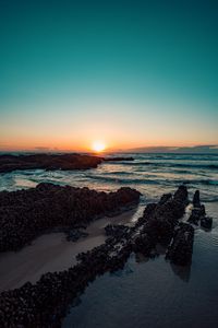 Preview wallpaper sunset, sea, shore, waves, beach