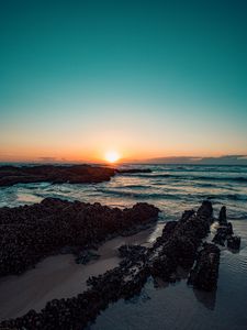 Preview wallpaper sunset, sea, shore, waves, beach