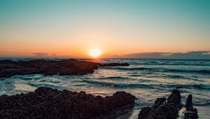 Preview wallpaper sunset, sea, shore, waves, beach
