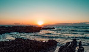 Preview wallpaper sunset, sea, shore, waves, beach