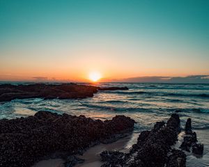 Preview wallpaper sunset, sea, shore, waves, beach