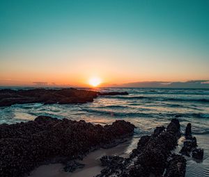 Preview wallpaper sunset, sea, shore, waves, beach