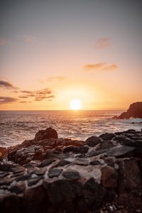 Preview wallpaper sunset, sea, shore, waves, landscape