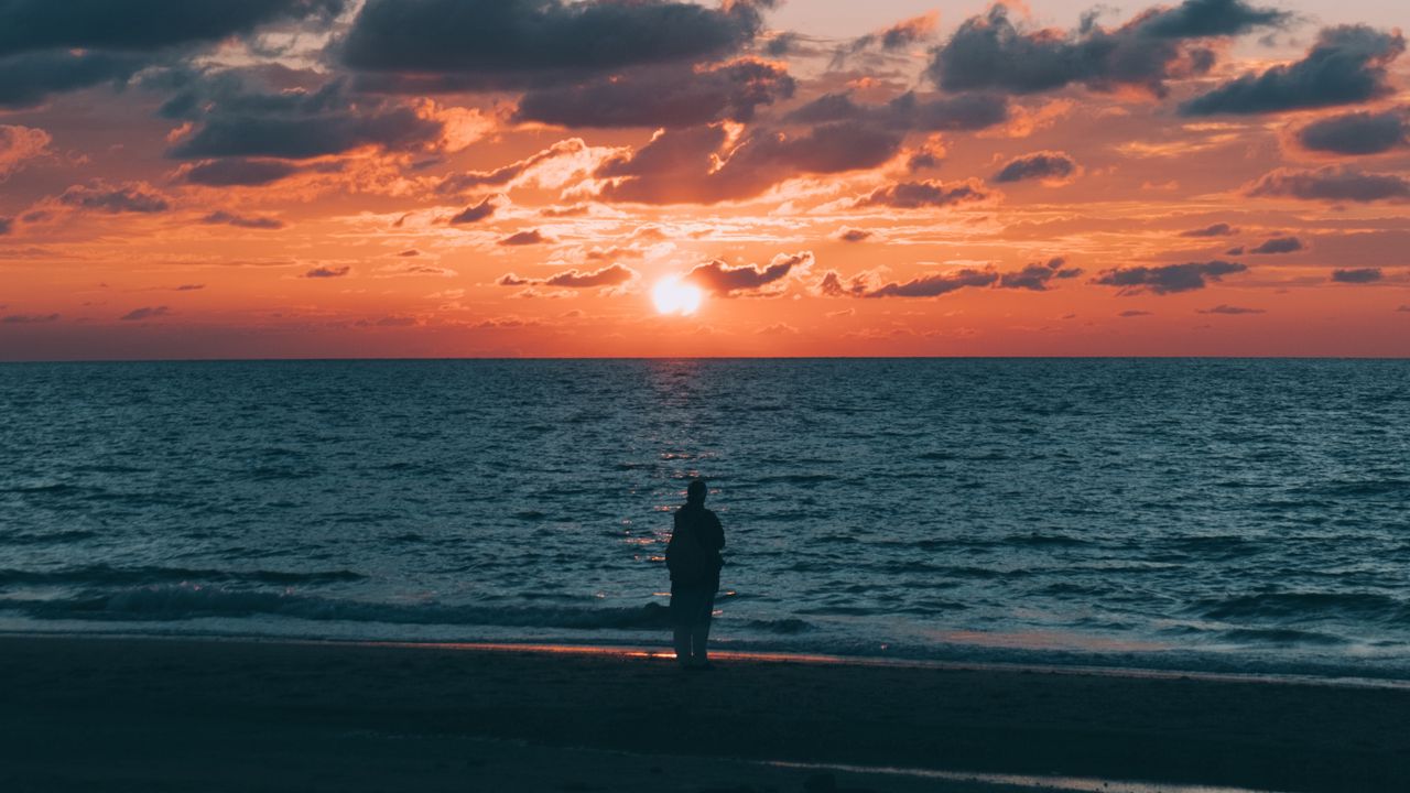 Wallpaper sunset, sea, silhouette, horizon, solitude, loneliness