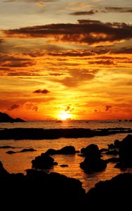 Preview wallpaper sunset, sea, stones, landscape, dark