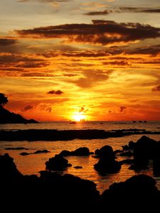 Preview wallpaper sunset, sea, stones, landscape, dark