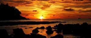 Preview wallpaper sunset, sea, stones, landscape, dark