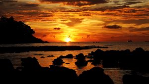 Preview wallpaper sunset, sea, stones, landscape, dark