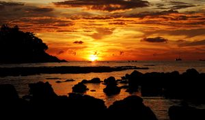 Preview wallpaper sunset, sea, stones, landscape, dark