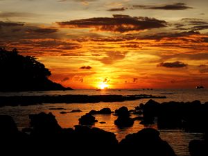 Preview wallpaper sunset, sea, stones, landscape, dark