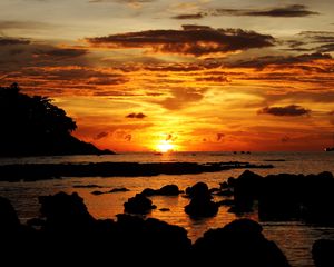Preview wallpaper sunset, sea, stones, landscape, dark