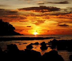 Preview wallpaper sunset, sea, stones, landscape, dark